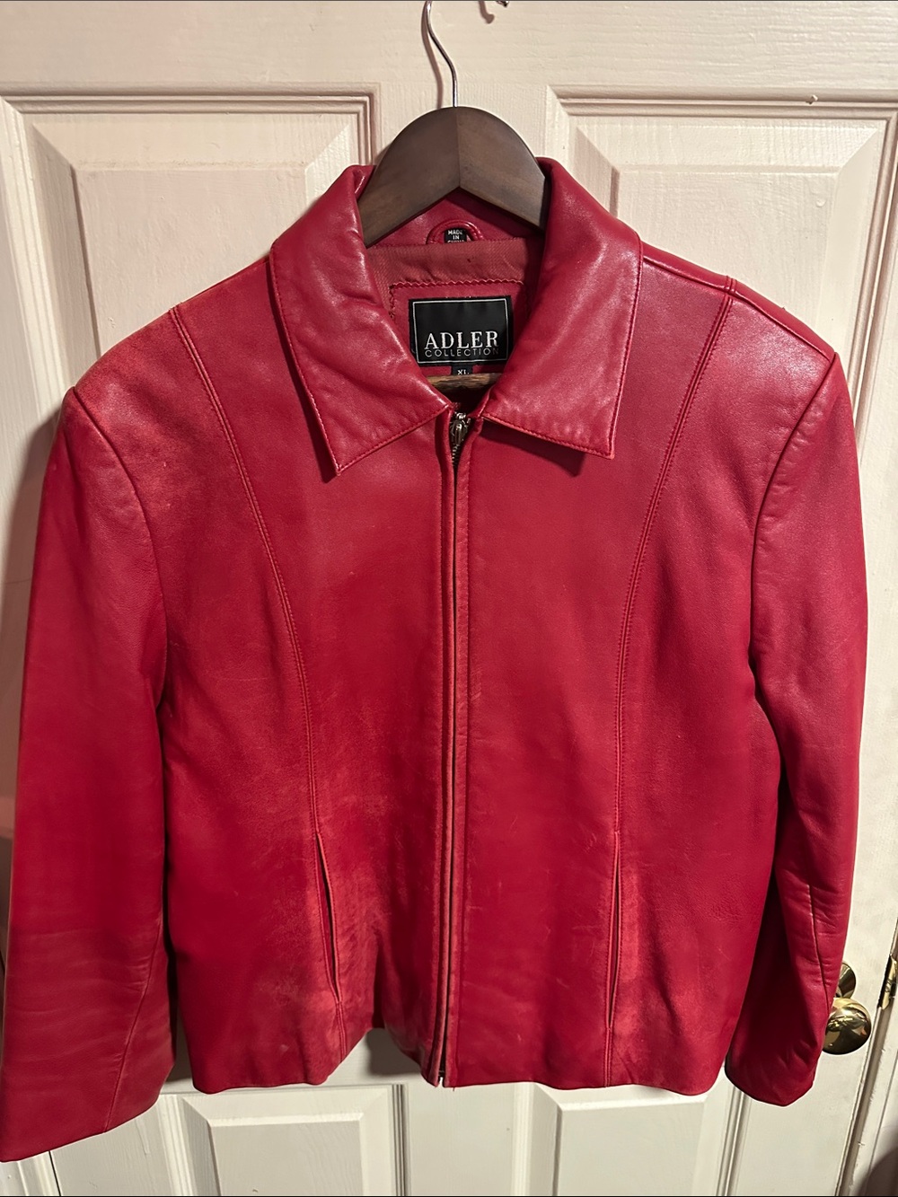 Women’s Red Leather Zip Jacket